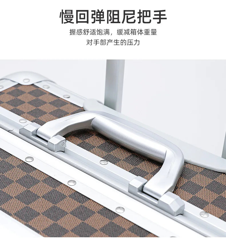 Close-up of a suitcase handle with text on a white background