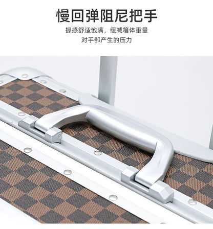 Close-up of a suitcase handle with text on a white background