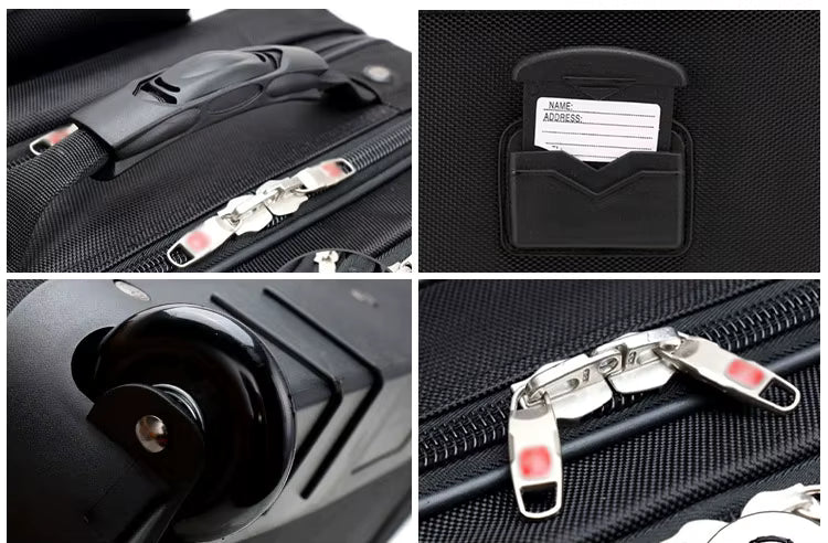 Collage of close-up details of a black suitcase including handle, zipper, and card holder.