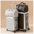 Set of checkered suitcases and duffel bags on a beige background