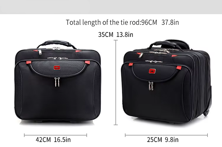 Two black suitcases with measurements displayed on a white background