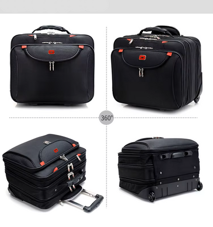 Black suitcase with red accents shown from multiple angles on a white background