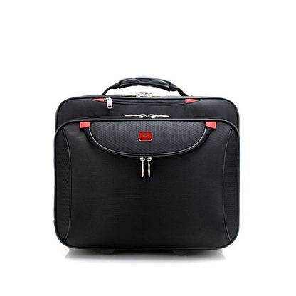 Black suitcase with red accents on a white background