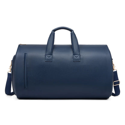 Blue duffel bag with straps on a white background