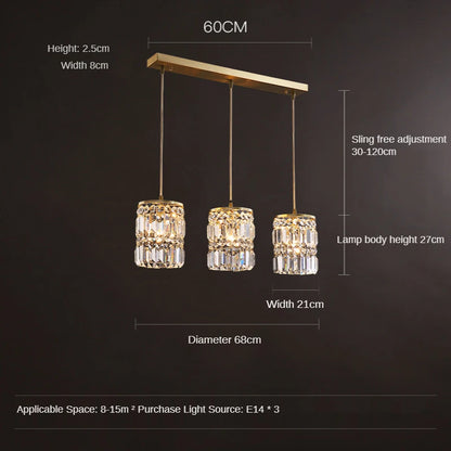 Three-light pendant lamp with dimensions and specifications on a dark background