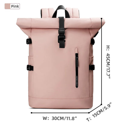 Pink backpack with black straps and measurements on a white background
