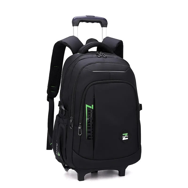Black rolling backpack with green accents on a white background
