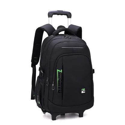 Black rolling backpack with green accents on a white background
