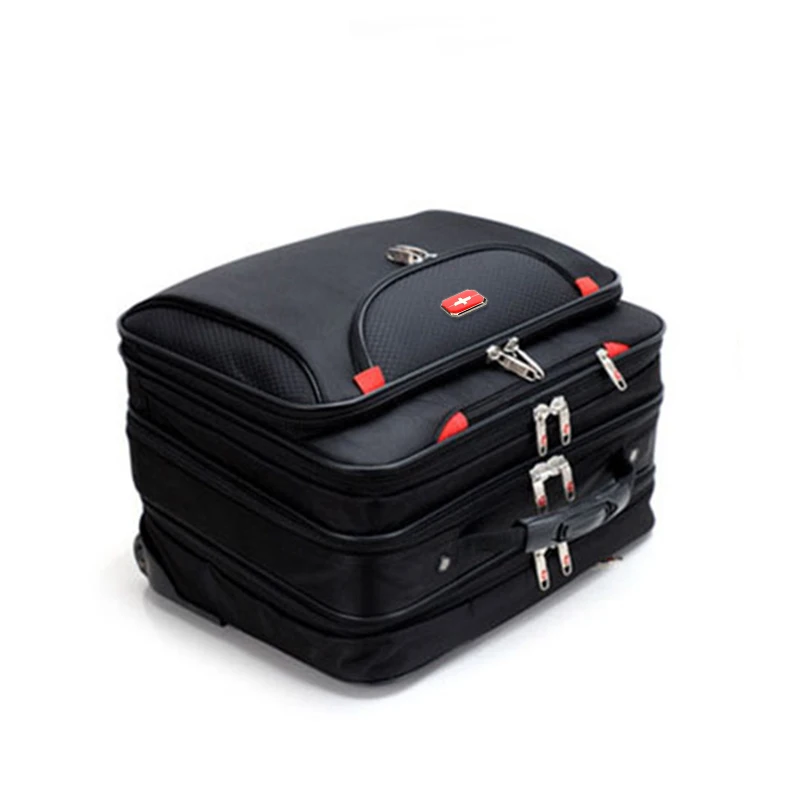 Stack of black suitcases with red accents on a white background