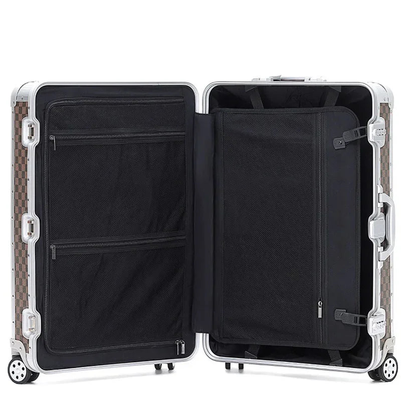 Open suitcase with a checkered pattern on a white background