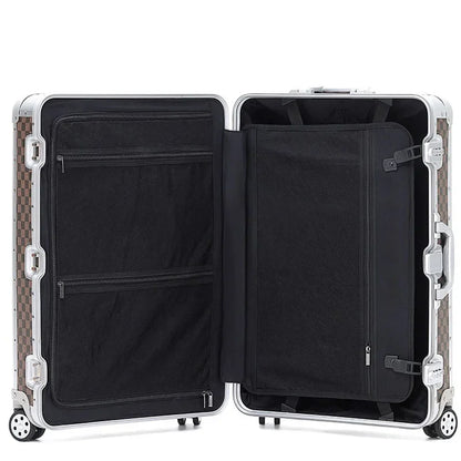 Open suitcase with a checkered pattern on a white background