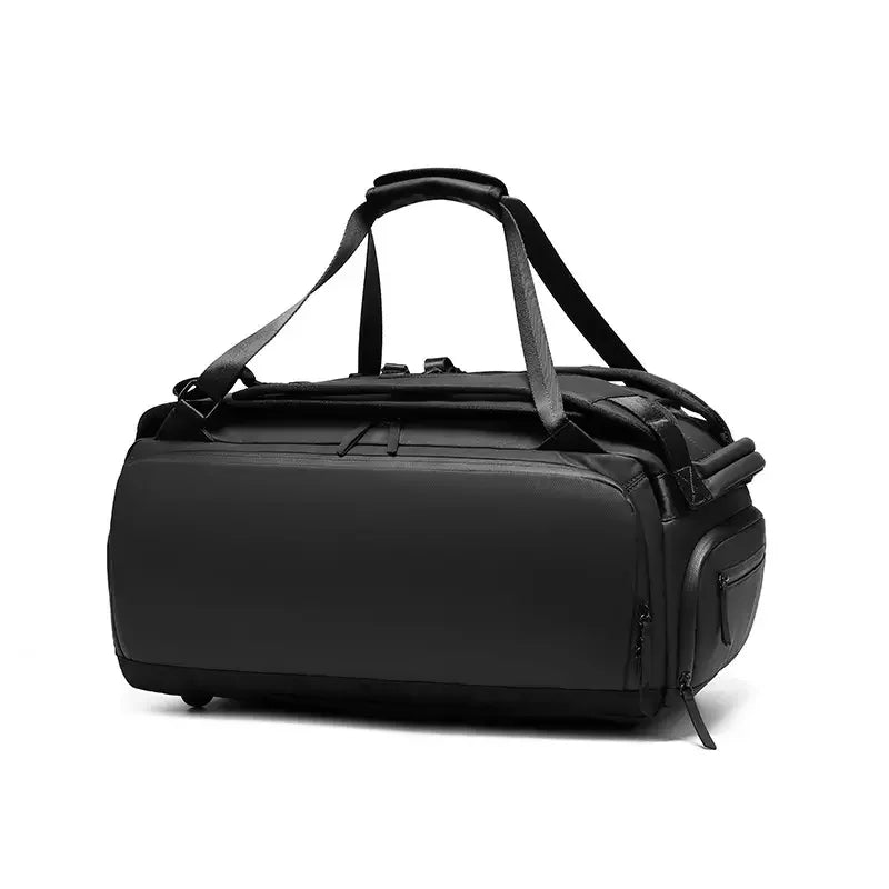 Black duffel bag on a white background