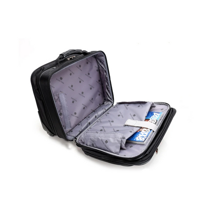Open black suitcase with gray interior on a white background
