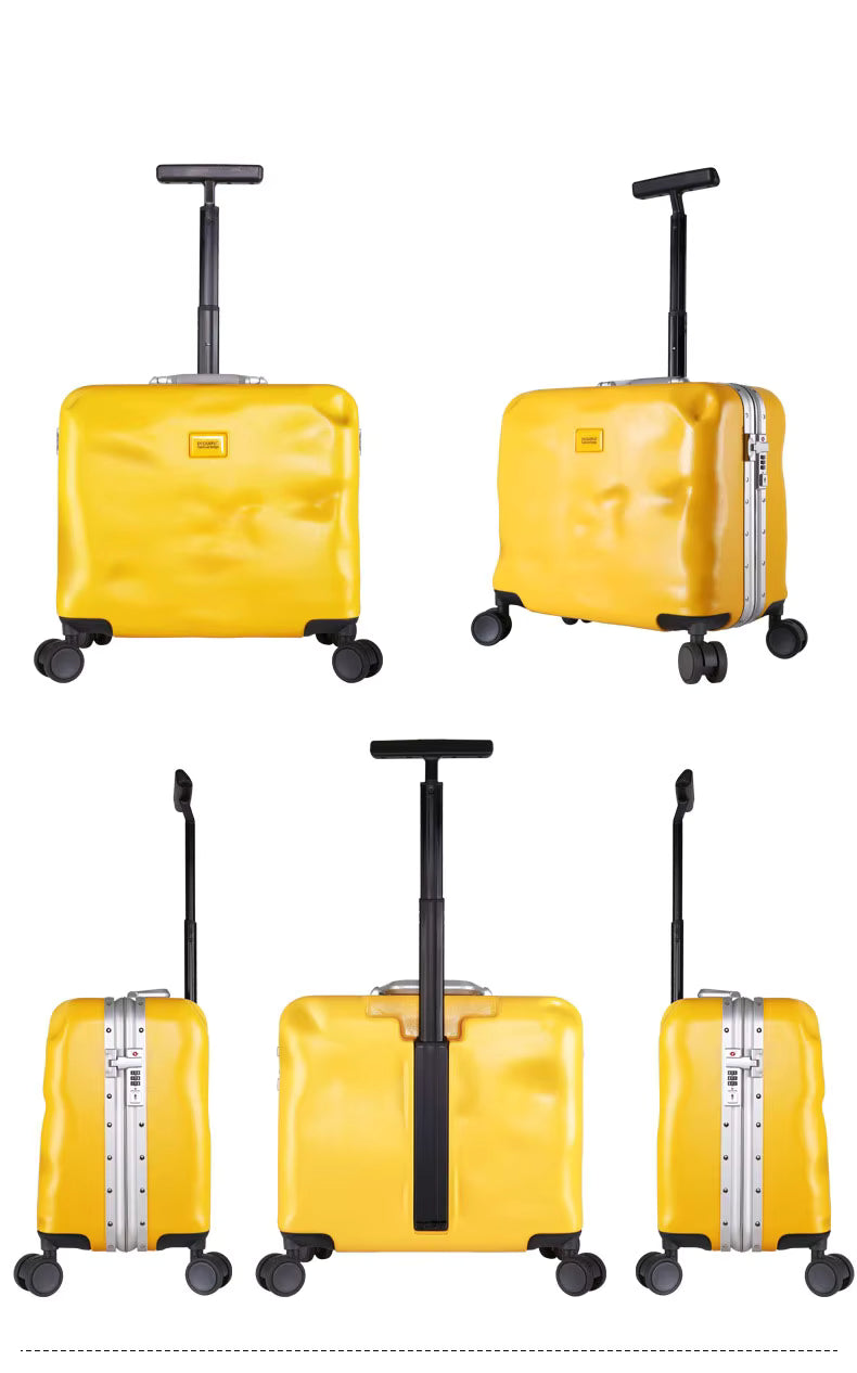 Yellow suitcases with black handles and wheels on a white background