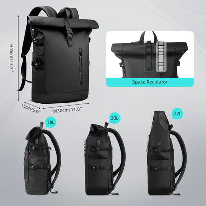 Black backpack with various views and capacity indicators on a gray background