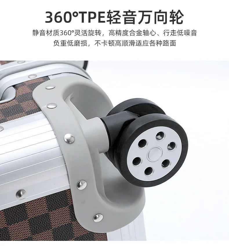 Close-up of a suitcase wheel with text on a white background