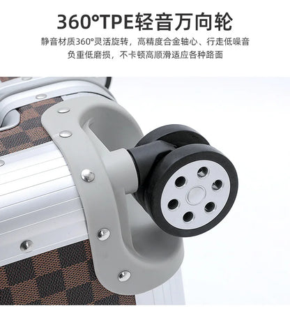 Close-up of a suitcase wheel with text on a white background