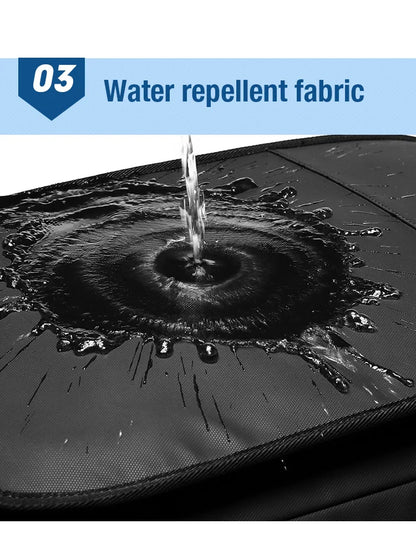 Water droplets spreading out on water repellent fabric with text &