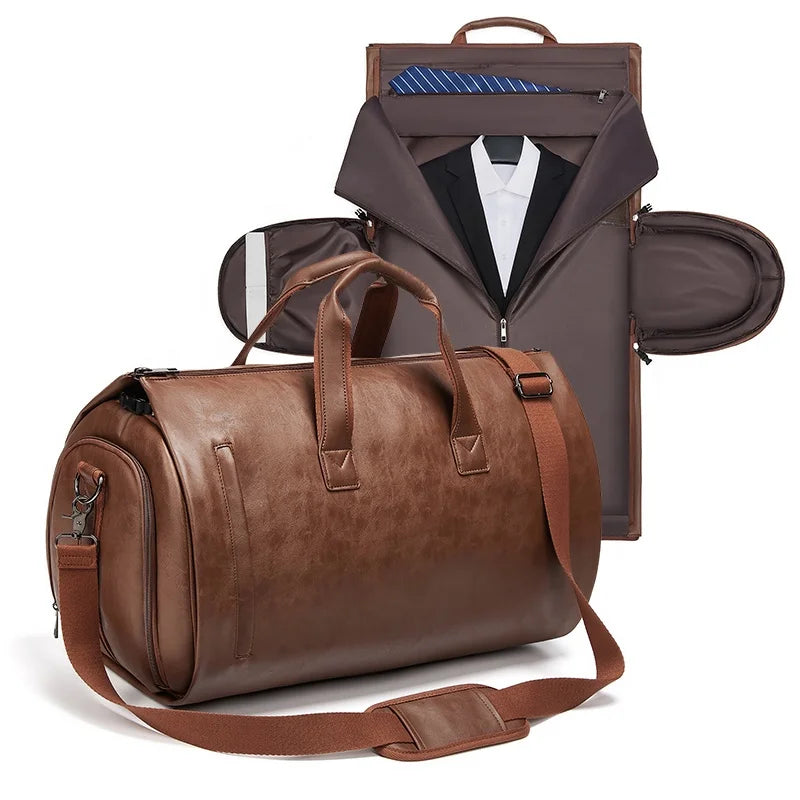 Brown leather duffel bag with a suit jacket and sunglasses on a white background
