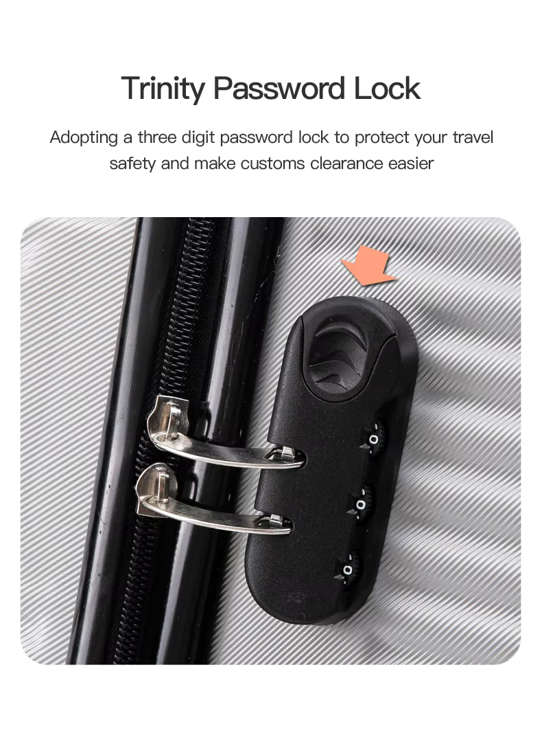 Trinity Password Lock attached to a suitcase with text about travel safety.