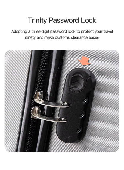 Trinity Password Lock attached to a suitcase with text about travel safety.