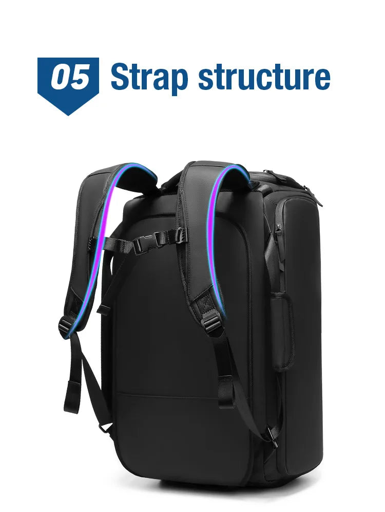 Black backpack with strap structure on a white background