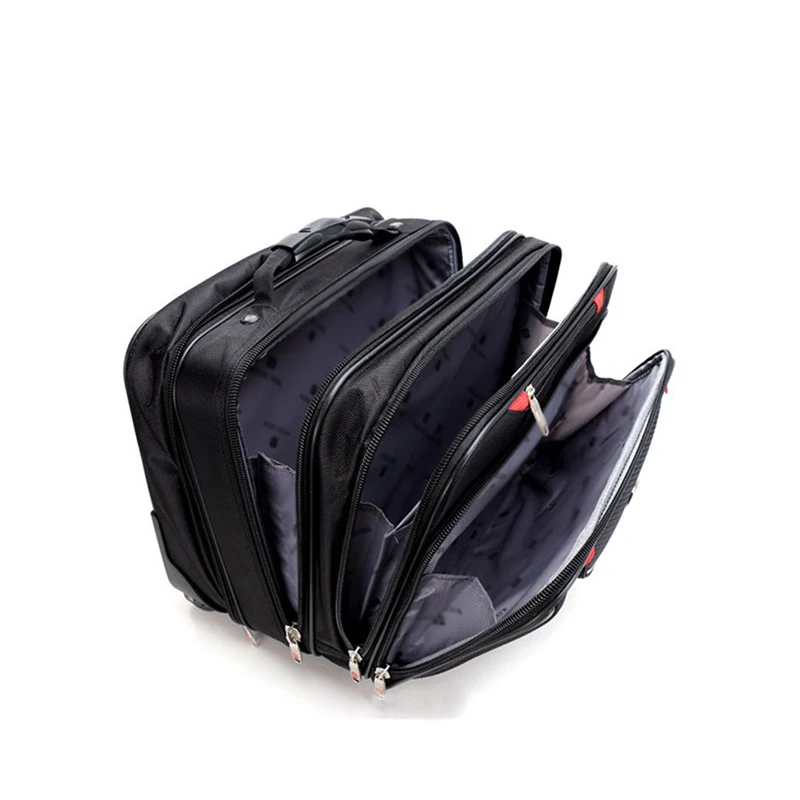 Black suitcase with open compartment on a white background