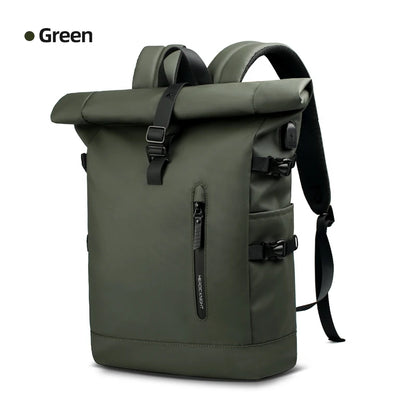 Green roll-top backpack on a white background