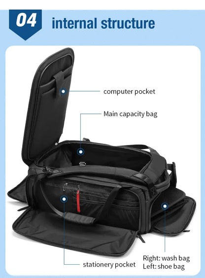 Black backpack with labeled compartments on a blue background