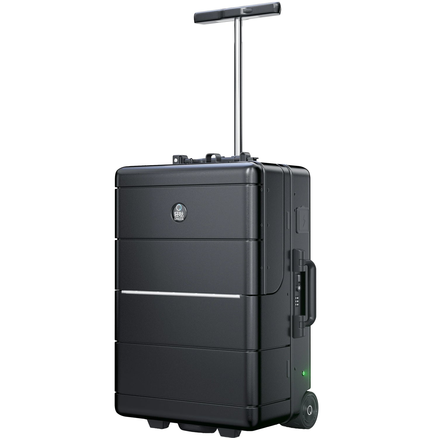 Top view of abay smart riding luggage showcasing the comfortable handle and drawbars.