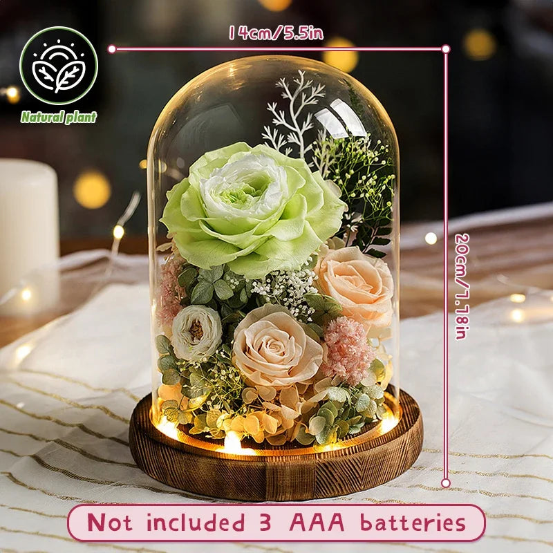 Preserved flower bear displayed on a bedside table.