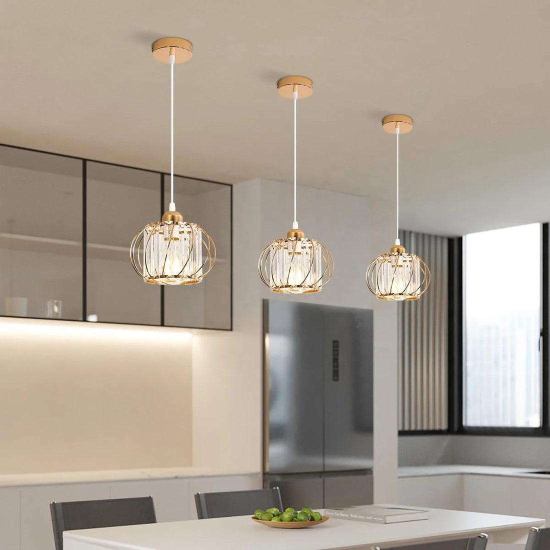 Modern Crystal E27 Golden Round Metal Cage Chandelier Adjustable Height for Living Room Bedroom Dining Room Pendant Light