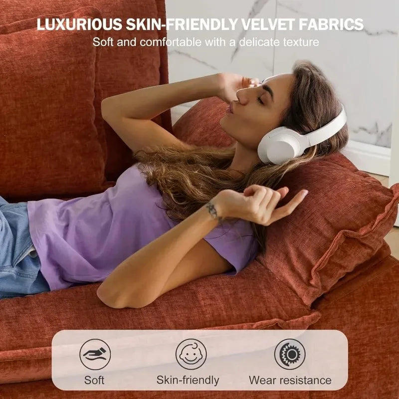 Woman lying on a couch wearing headphones with text about luxurious skin-friendly velvet fabrics.