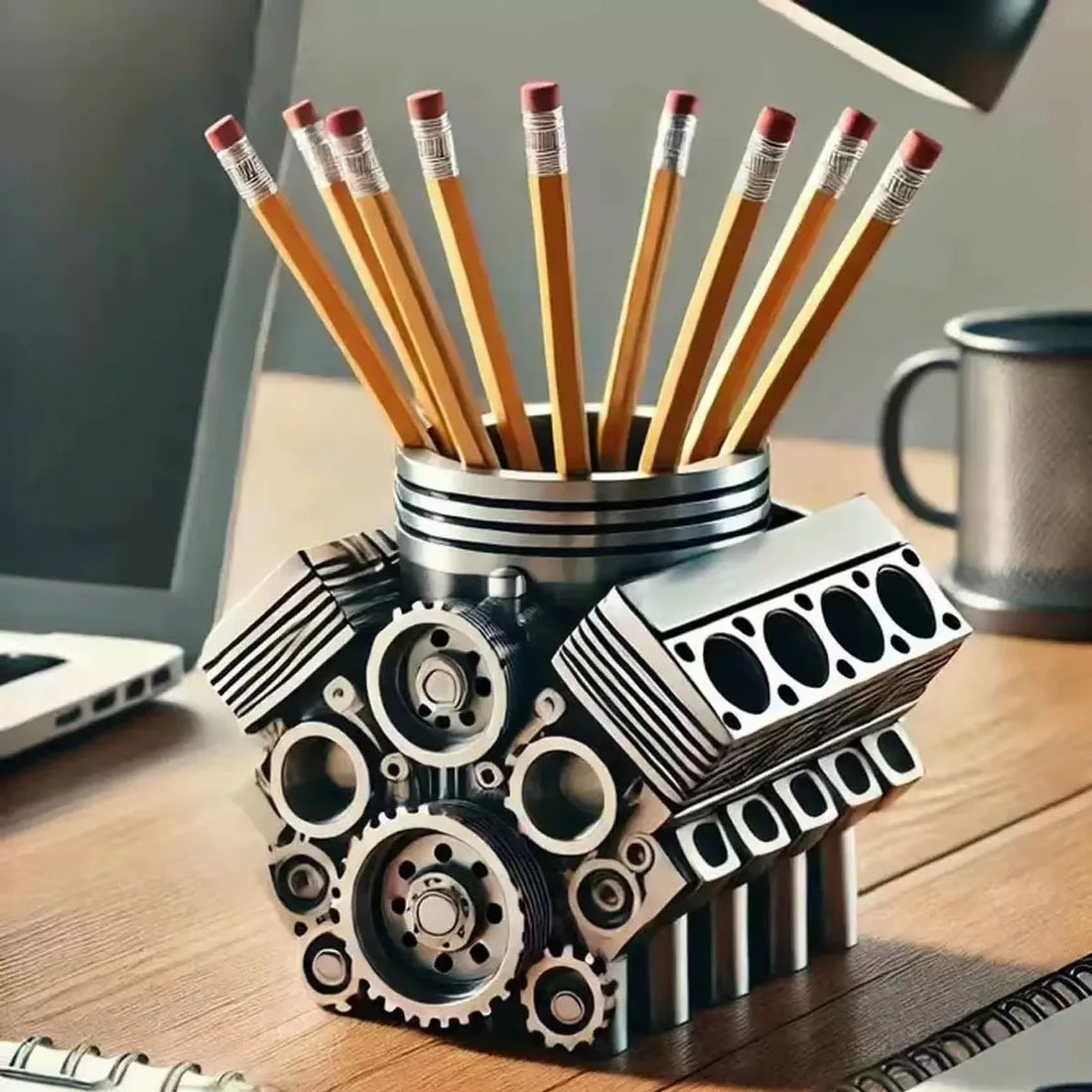 Pencil holder designed like a mechanical engine block on a desk with pencils and a mug.