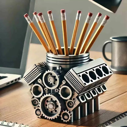 Pencil holder designed like a mechanical engine block on a desk with pencils and a mug.