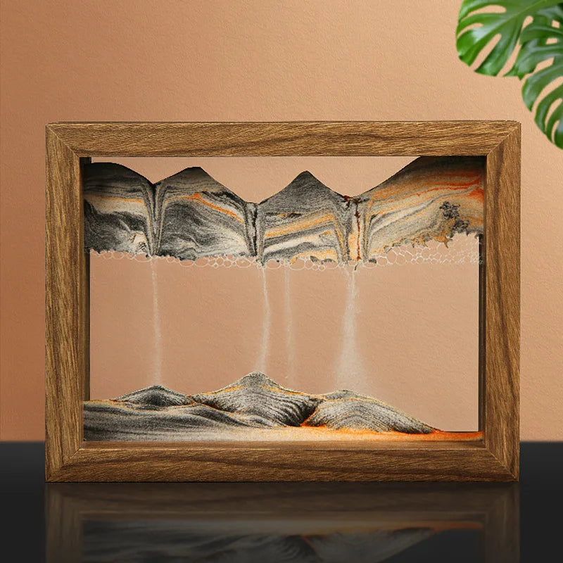 Wooden framed artwork resembling a mountain landscape on a brown background
