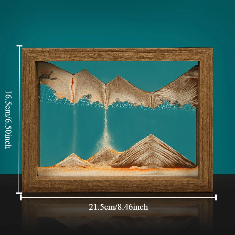 Wooden-framed landscape artwork with dimensions displayed on a teal background