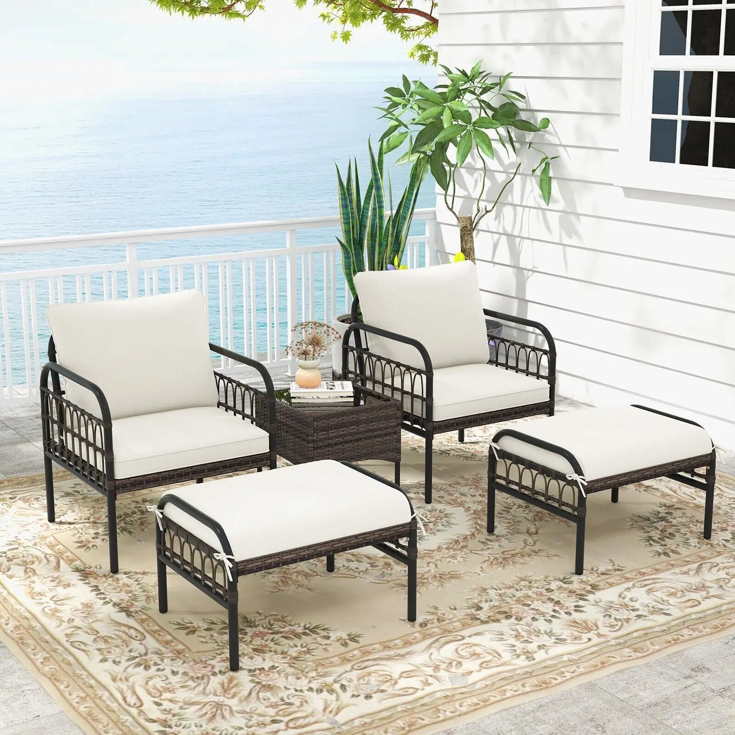 5-piece patio rattan set with ottomans and table