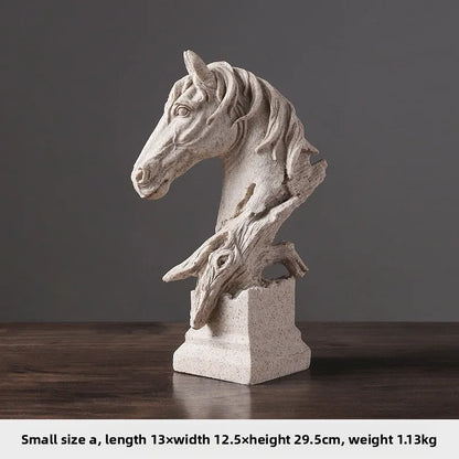 Stone sculpture of a horse head on a wooden surface with a dark background