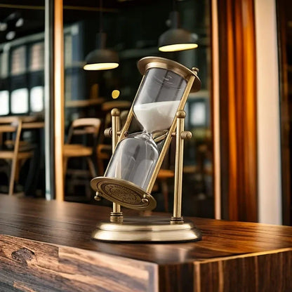 Hourglass on a wooden surface with a blurred cafe background