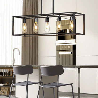 Modern kitchen with a pendant light fixture and bar stools.