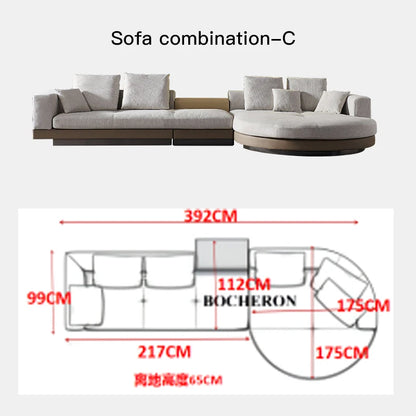 Gray sectional sofa with dimensions and BOCHERON branding displayed.