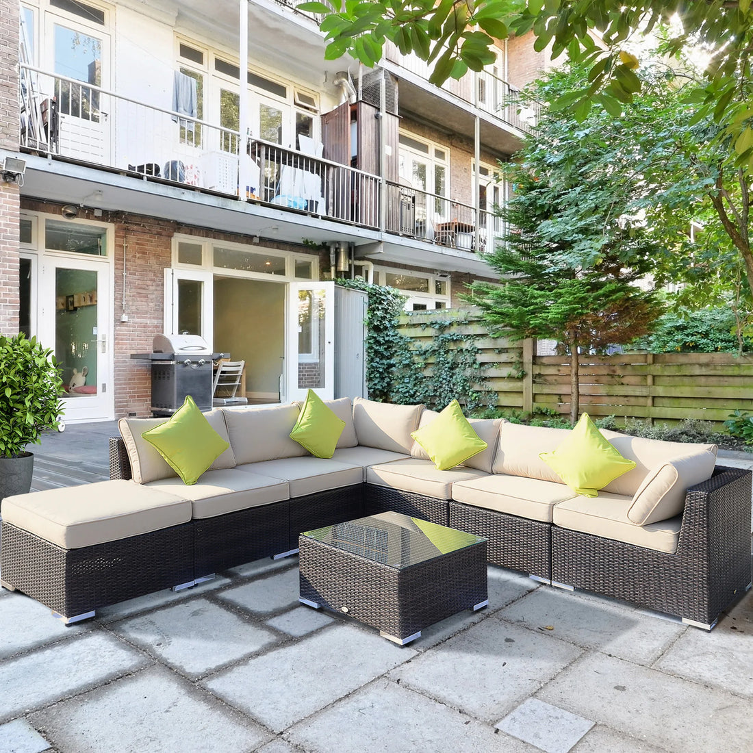 Outsunny 8 Pieces PE Rattan Corner Sofa Set with Thick Cushions, Aluminium Rattan Garden Furniture Set with Glass Top Table
