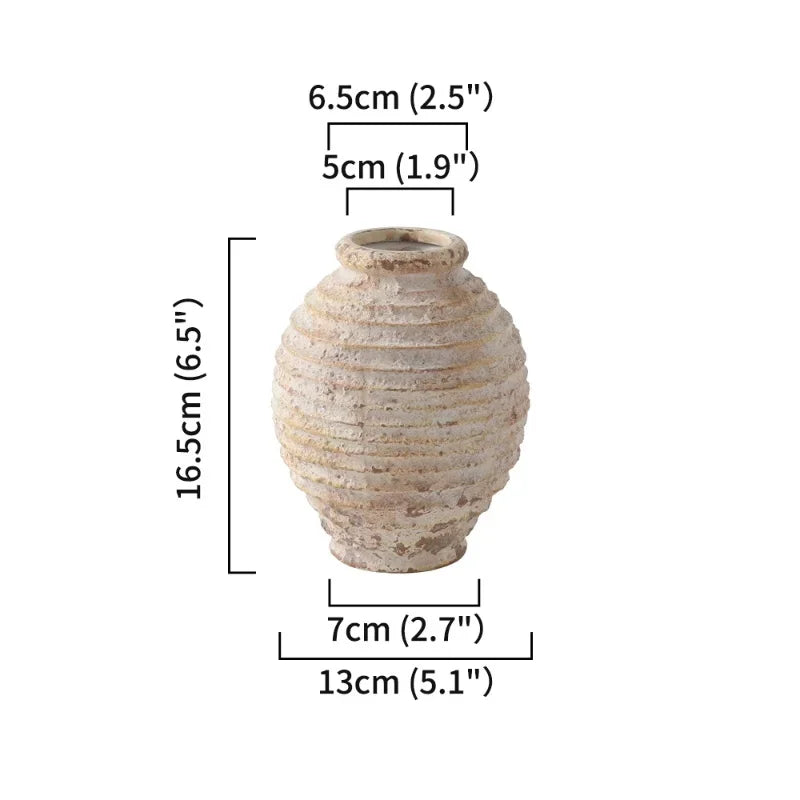 Measurement chart of a textured ceramic vase with dimensions labeled.