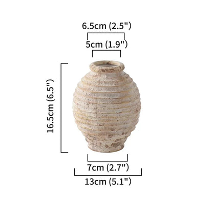 Measurement chart of a textured ceramic vase with dimensions labeled.