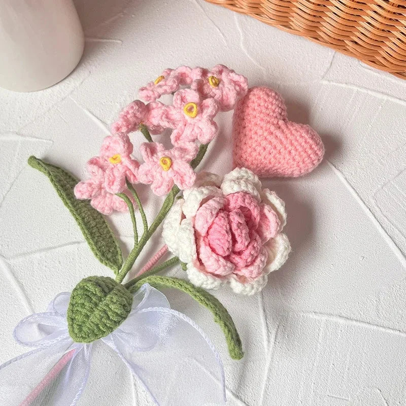 Hand-knitted crochet flower bouquet, tulip and rose design.
