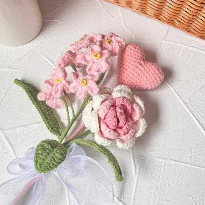 Hand-knitted crochet flower bouquet, tulip and rose design.