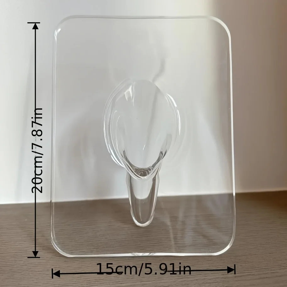 Clear adhesive hook with dimensions labeled on a white background