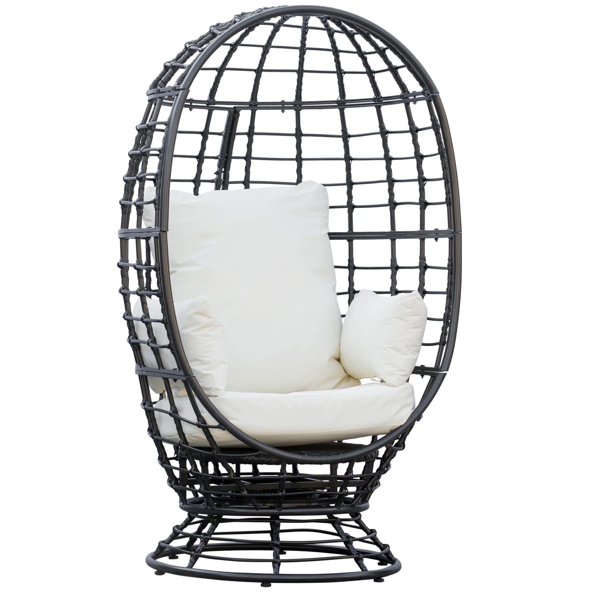 Egg-shaped wicker chair with white cushions on a white background