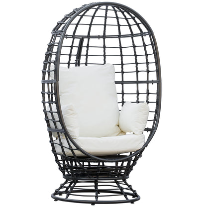 Egg-shaped wicker chair with white cushions on a white background